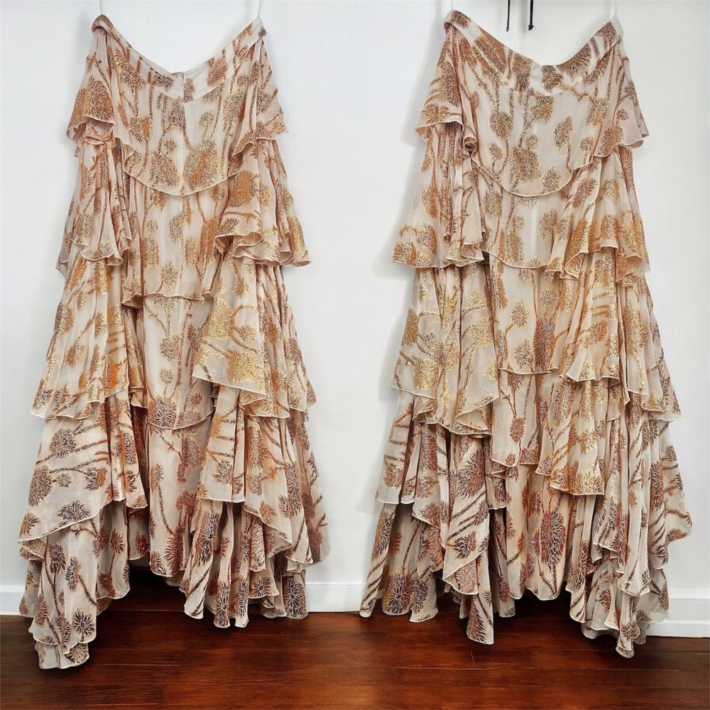 Alexandra Miro Cordelia Tiered Ruffle Maxi Skirt Gold Metallic Floral Large L - Picture 3 of 14
